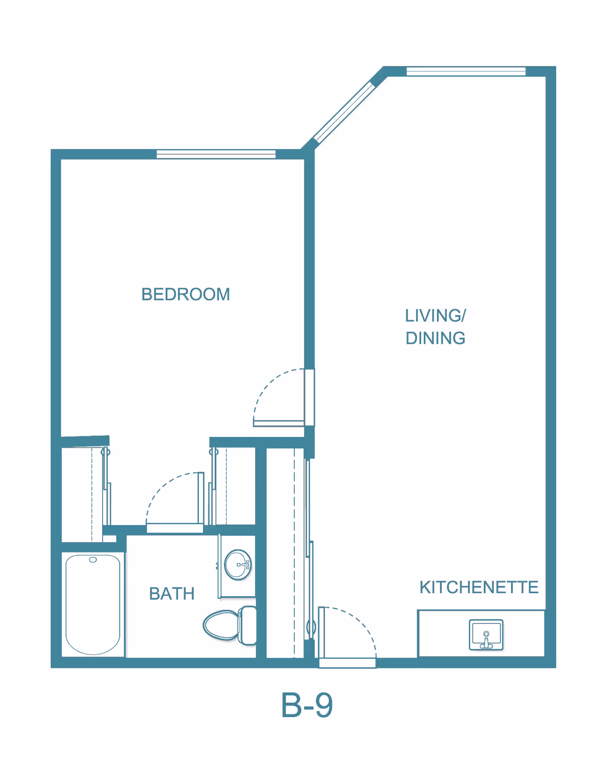 Floor plan layout of an apartment unit labeled B-9 at Asher Point Independent Living of Tyler, showing a bedroom, bath, living/dining area, and kitchenette.