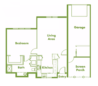Floor plan of a senior living unit showing a bedroom, bathroom, kitchen, living area, entry, screen porch, and garage.