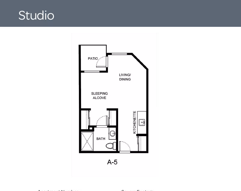 Black-and-white studio floor plan labeled "A-5" showing a patio, living/dining area, sleeping alcove, kitchenette, and bathroom.
