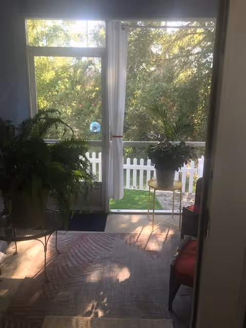 View through a glass door with white curtains leading to a small outdoor area with a white picket fence. Inside, there are two potted plants on stands, a patterned rug on the floor, and a red cushioned chair partially visible on the right side. Sunlight filters through the trees outside, casting shadows inside.