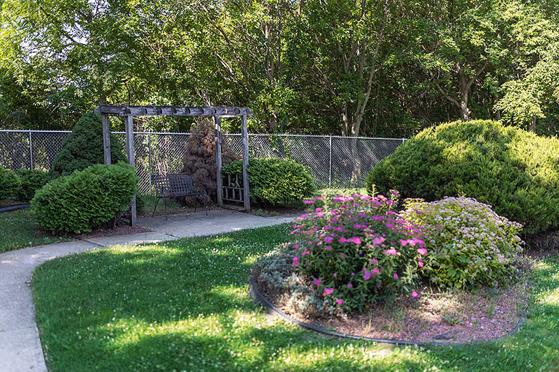 A peaceful outdoor garden area with a curved concrete pathway, green grass, various bushes, and flowering plants. There is a wooden pergola with a bench underneath, surrounded by trees and a chain-link fence in the background.