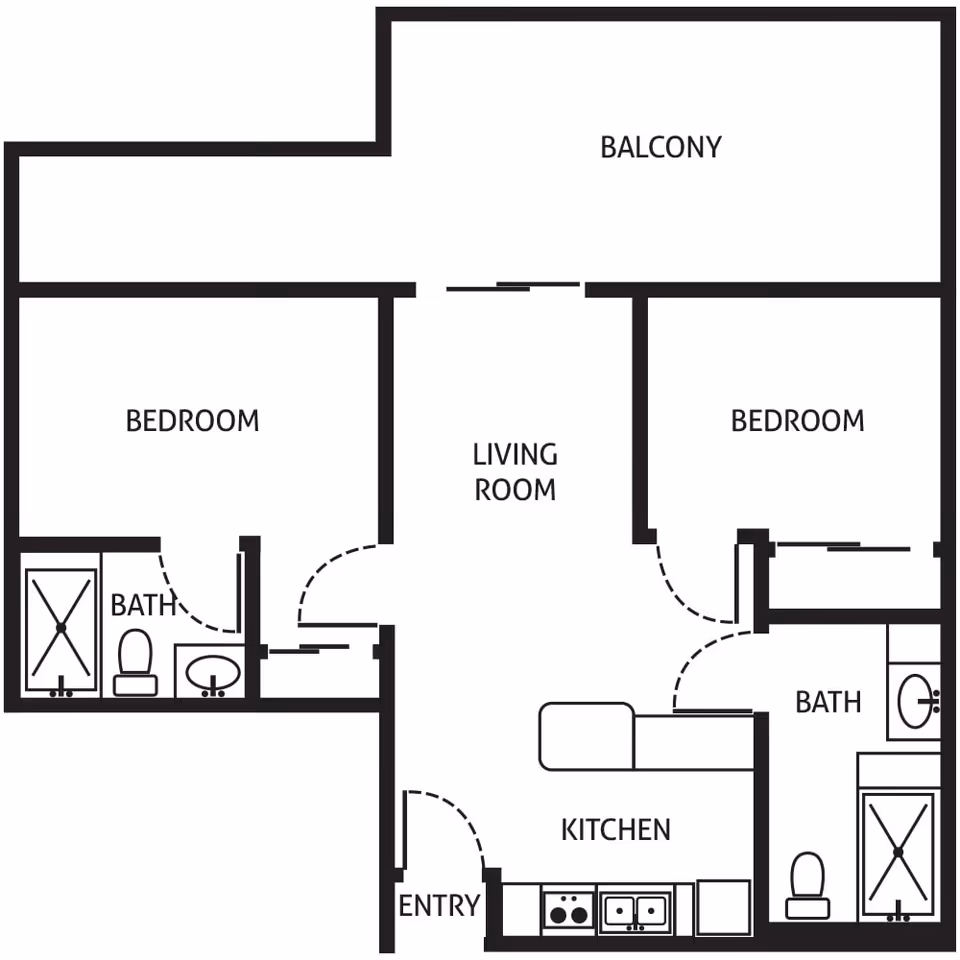 Floor plan of a two-bedroom apartment with two bathrooms, a kitchen, living room, entry, and a balcony.