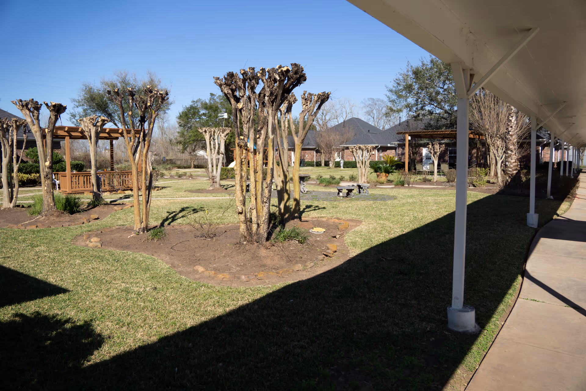 Sunlit courtyard with pruned trees, a wooden gazebo, benches, and a covered walkway beside single-story buildings.