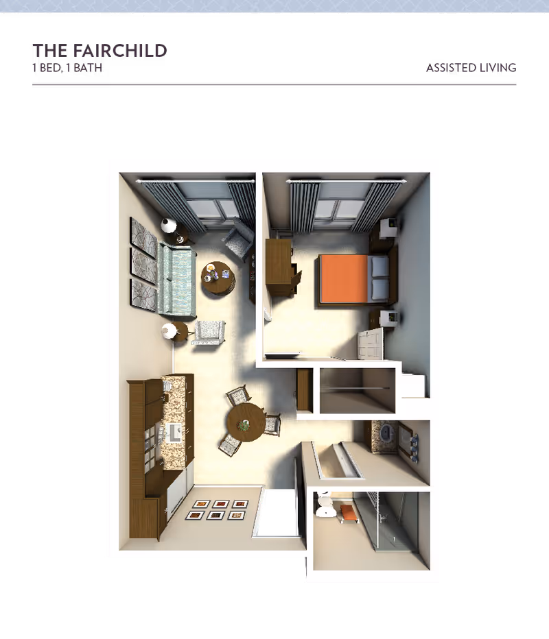 Top-down rendered floor plan of a one-bedroom, one-bath assisted living apartment showing a living room, kitchen/dining area, bedroom and bathroom.