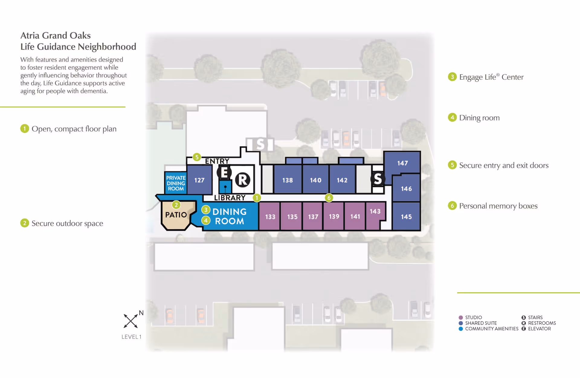 Floor plan of Atria Grand Oaks Life Guidance Neighborhood showing an open, compact layout with labeled areas including private dining room, patio, dining room, library, entry, restrooms, elevator, and stairs. The plan highlights secure outdoor space, Engage Life Center, secure entry and exit doors, and personal memory boxes. Rooms are color-coded by type: studio, shared suite, and community amenities.