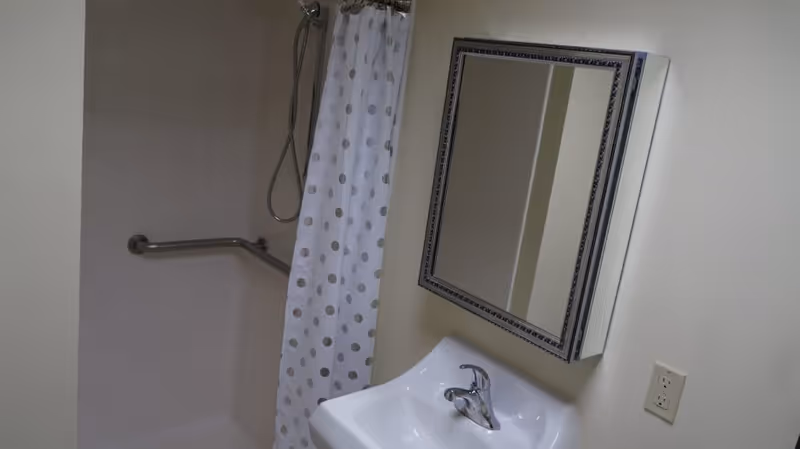 A bathroom sink with a framed mirror and a shower with a polka-dot curtain and grab bar.