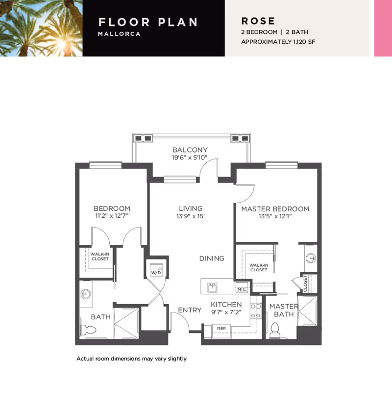 Floor plan layout for the Rose model at Mallorca, featuring 2 bedrooms and 2 bathrooms, approximately 1,120 square feet. The plan shows the arrangement of rooms including bedrooms, bathrooms, kitchen, living area, and other spaces.