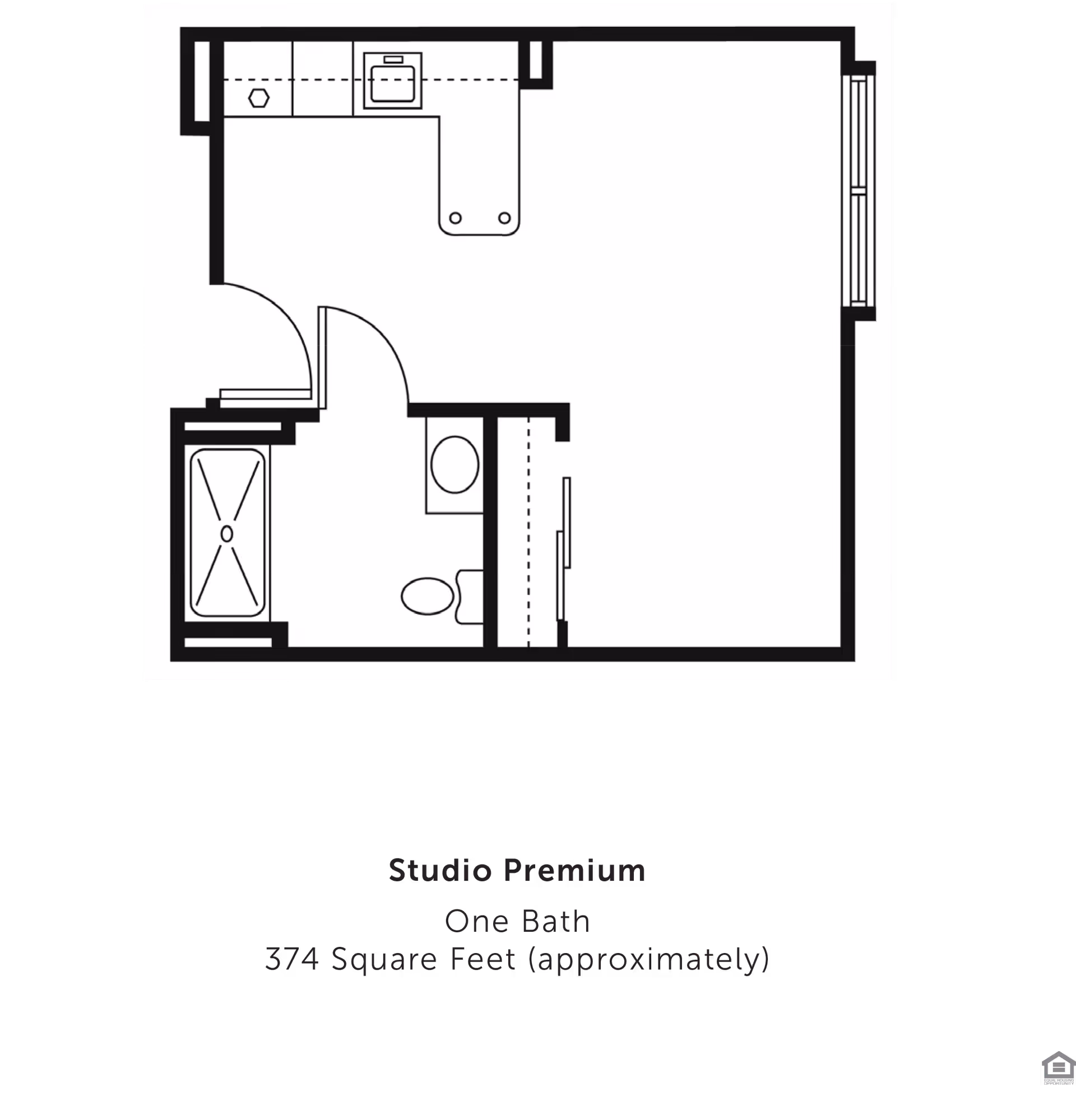 Black-and-white floor plan of a studio apartment showing a kitchenette, bathroom with tub and toilet, closet and main living area.