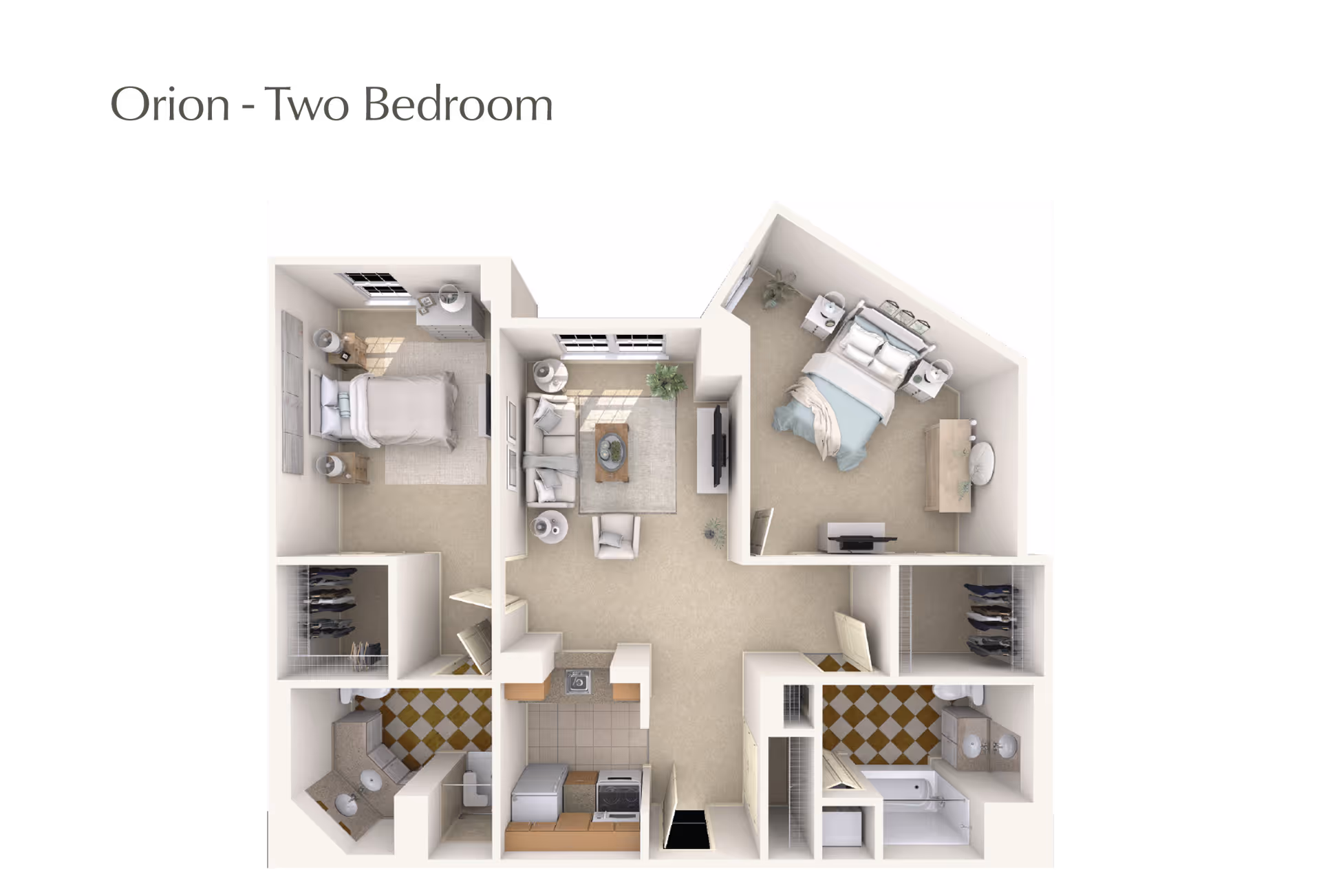 3D floor plan of a two-bedroom apartment named Orion, showing two bedrooms, a living room, a kitchen, two bathrooms, and closets.