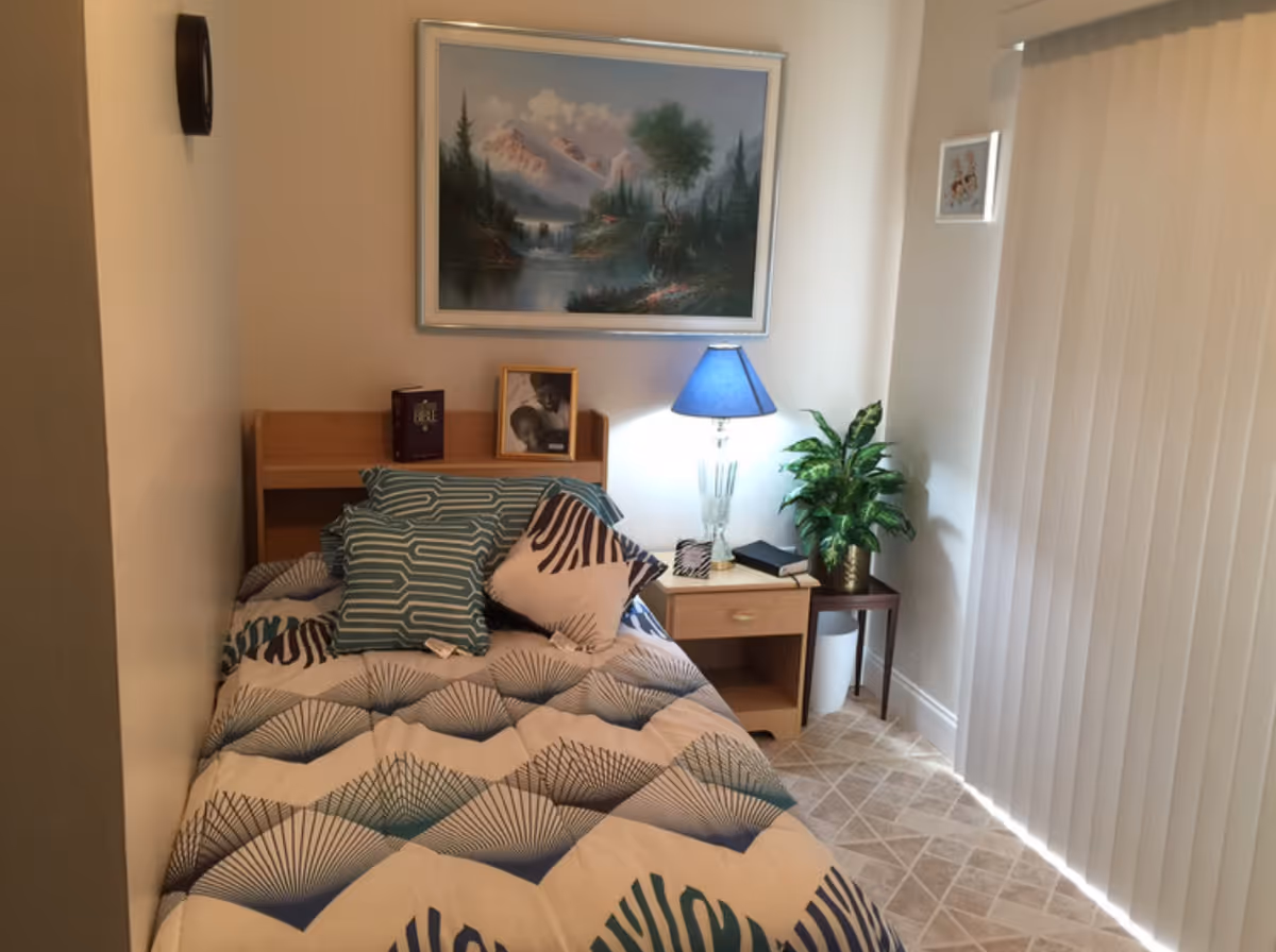 Small furnished bedroom with a single bed, patterned bedding, a nightstand with a lamp and plant, framed artwork above, and vertical blinds.