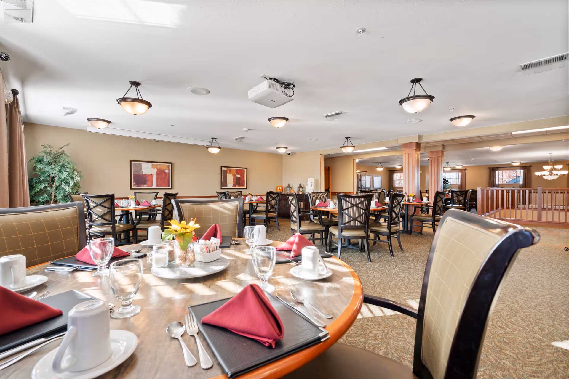 A bright and spacious dining room in Arbor Oaks Senior Living with multiple tables set for a meal. Each table has neatly folded red napkins, glassware, white cups, and silverware. The room features beige walls, carpeted floors, framed artwork, and ceiling light fixtures. There is a potted plant in the corner and a projector mounted on the ceiling.
