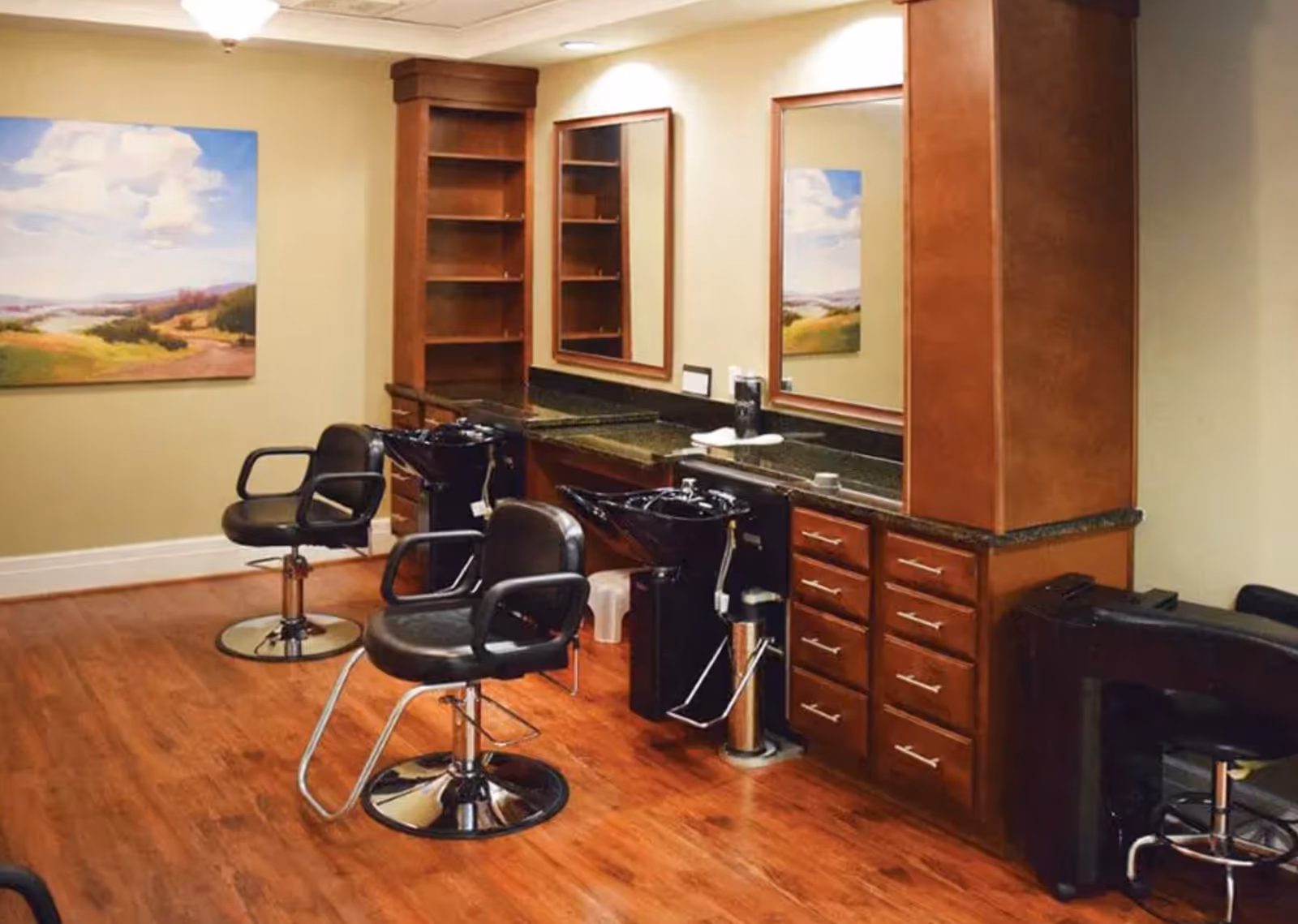 Interior view of a salon area with two black salon chairs in front of sinks and mirrors. The room has wooden flooring, wooden cabinetry with drawers, and a large landscape painting on the wall.