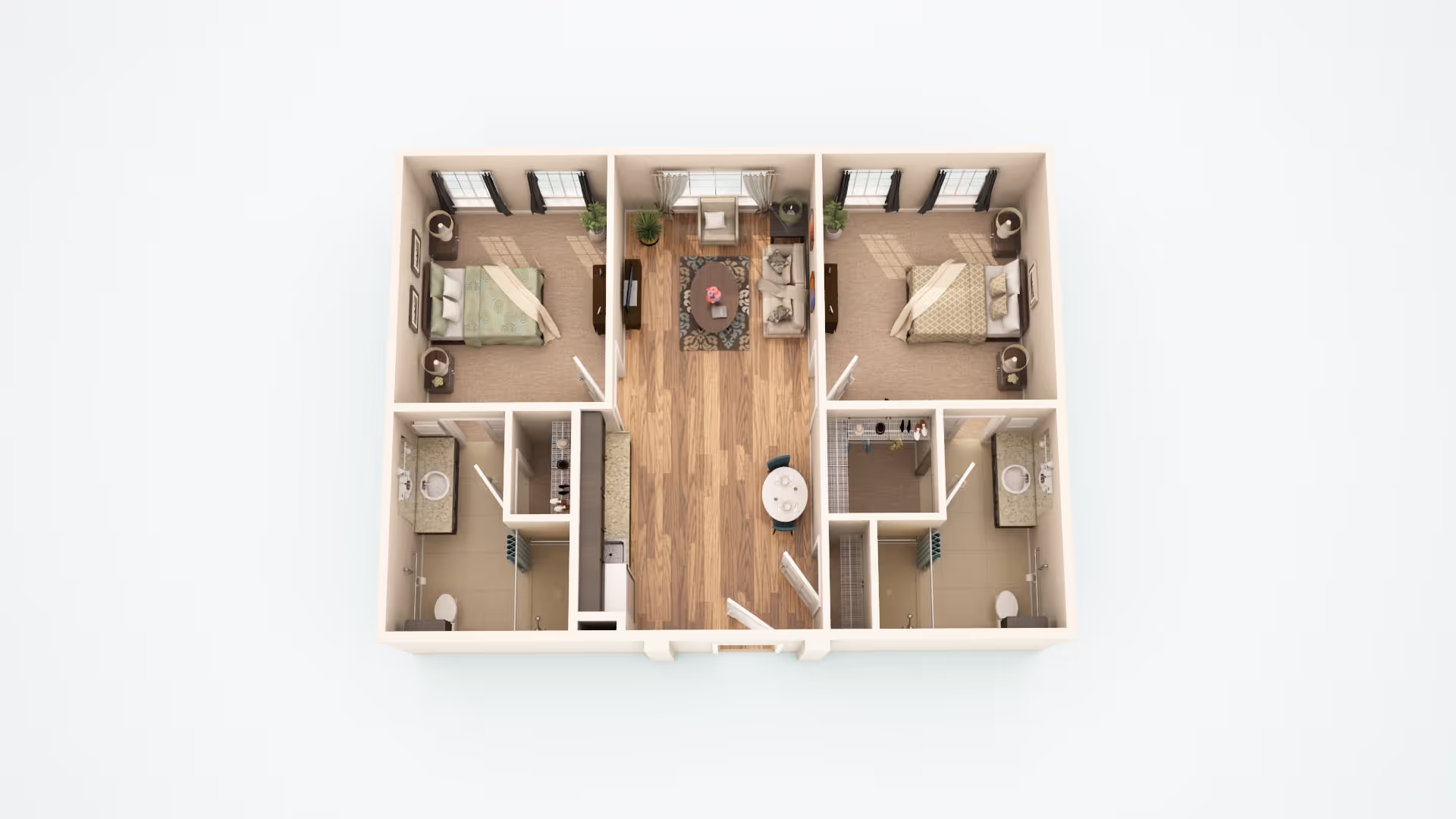 3D floor plan of a two-bedroom apartment with a central living room and kitchen area. Each bedroom has a bed, nightstands, and windows. There are two bathrooms, each with a sink, toilet, and shower. The living room has a sofa, armchair, coffee table, and TV. The kitchen area includes a small dining table with chairs and kitchen appliances.