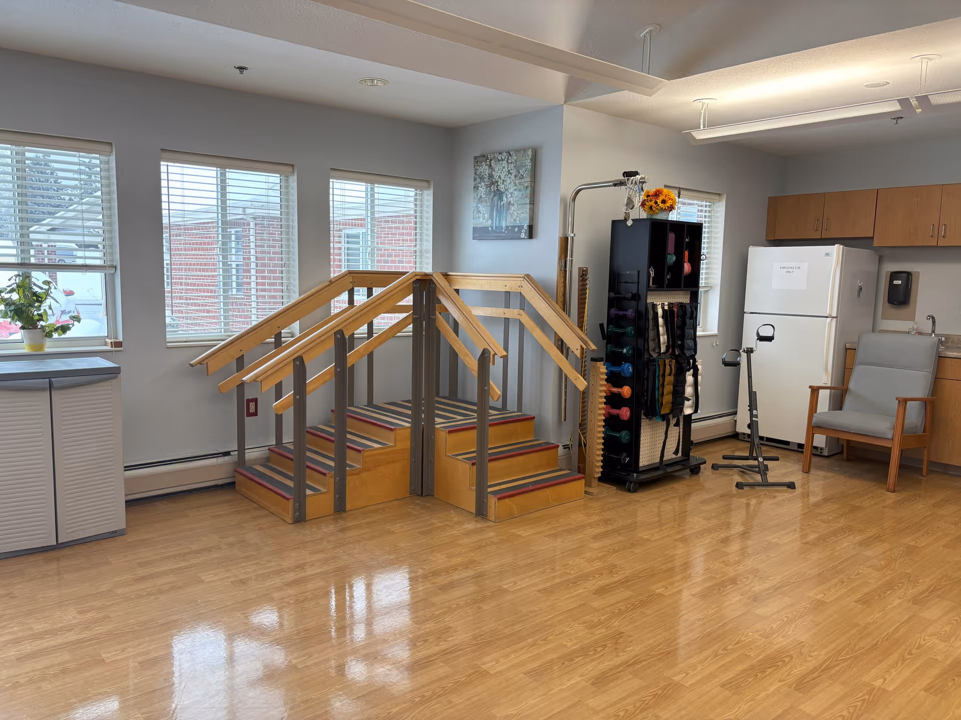 A bright room with wooden flooring featuring a small set of exercise stairs with handrails, a rack holding various exercise weights and bands, a chair, a refrigerator, and cabinets. There are three windows with blinds letting in natural light, and a small plant on a cabinet near the windows.