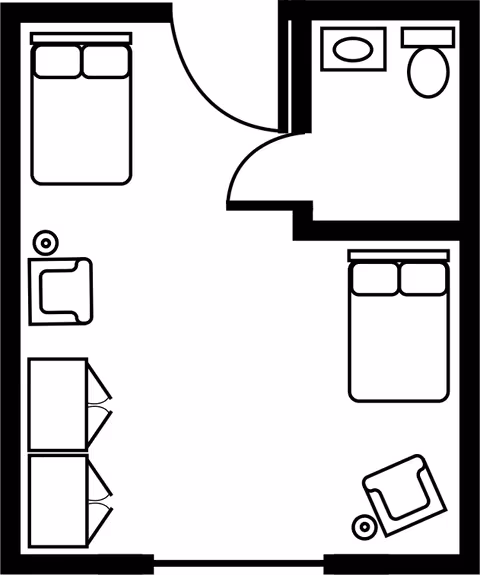 Black-and-white floor plan of a bedroom suite showing two beds, a small bathroom, chairs, and storage furniture.