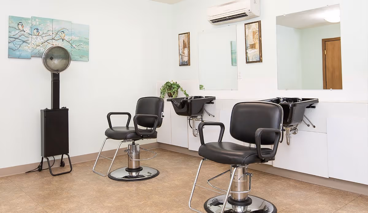 Interior of a senior living facility hair salon with two black salon chairs, two black hair washing sinks, a wall-mounted air conditioner, a hair dryer on a stand, and wall art featuring birds on branches.