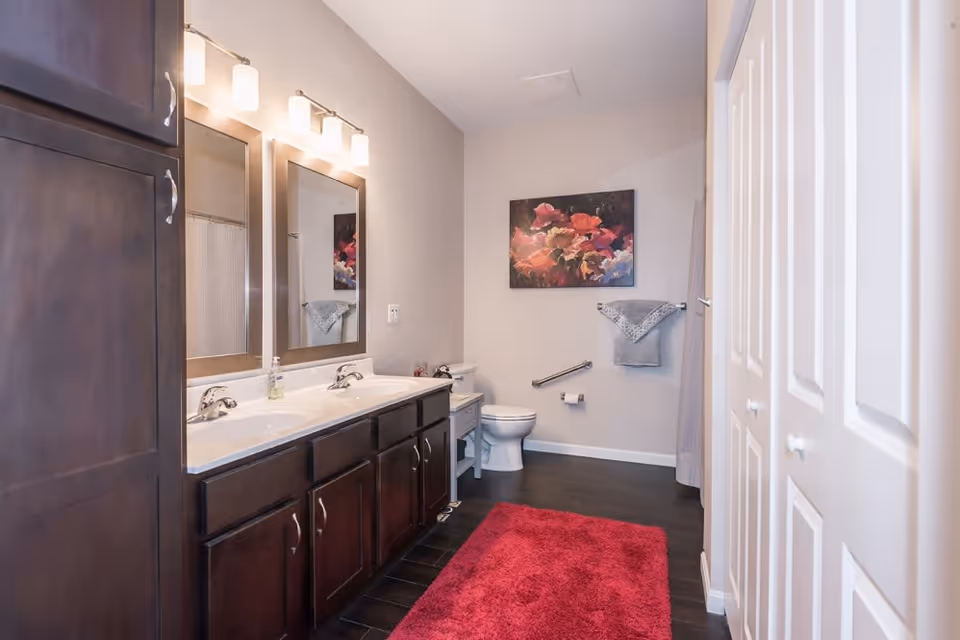 A modern bathroom featuring a double sink vanity with dark wood cabinets and two mirrors above. There are three light fixtures above the mirrors. A white toilet is visible in the background with a gray towel hanging on a towel rack and a colorful floral painting on the wall. The floor is dark wood with a bright red rug in front of the vanity. White closet doors are on the right side of the image.