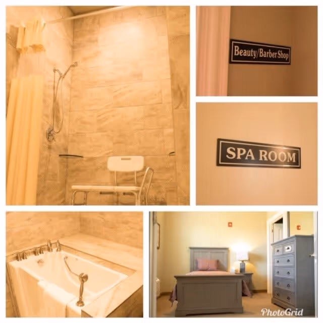 A collage of five images showing different areas in a senior living facility. The top left image shows a tiled shower area with a white shower chair and a handheld showerhead. The bottom left image shows a bathtub with a towel hanging on the side. The bottom right image shows a bedroom with a gray bed frame, a nightstand with a lamp, and a dresser. The top right images show two signs on walls: one reads 'Beauty/Barber Shop' and the other reads 'SPA ROOM'.