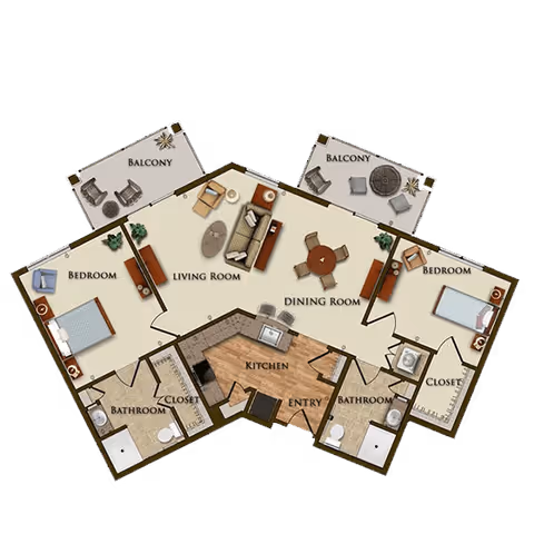 Floor plan of a two-bedroom apartment with two balconies, a living room, dining room, kitchen, two bathrooms, closets, and an entry area.