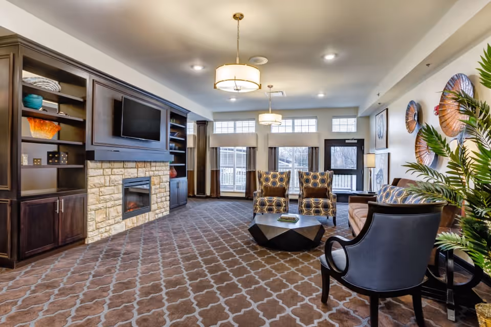 A spacious living room with patterned carpet, two armchairs with circular designs, a dark wood coffee table, a sofa, and a black armchair. The room features a stone fireplace with a mounted flat-screen TV above it, built-in dark wood shelves with decorative items, large windows with white blinds, and modern ceiling lights. There are decorative wall hangings and a large green plant on the right side.