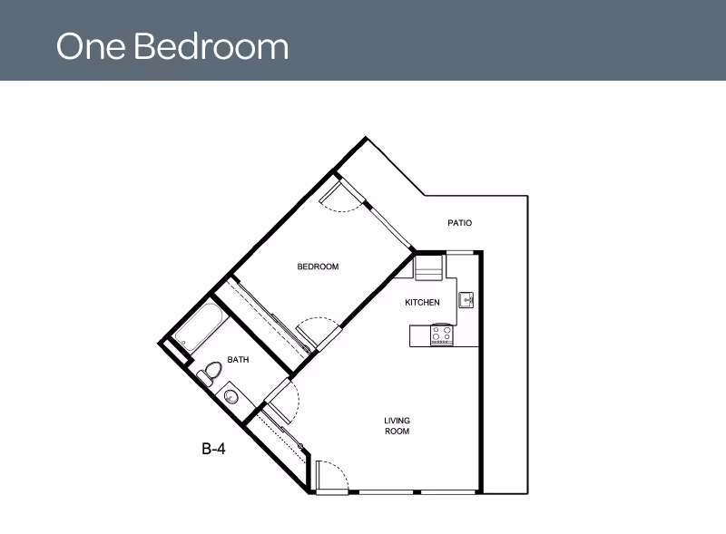 Floor plan of a one-bedroom apartment at Capital Place Retirement Community showing a bedroom, bathroom, kitchen, living room, and patio.