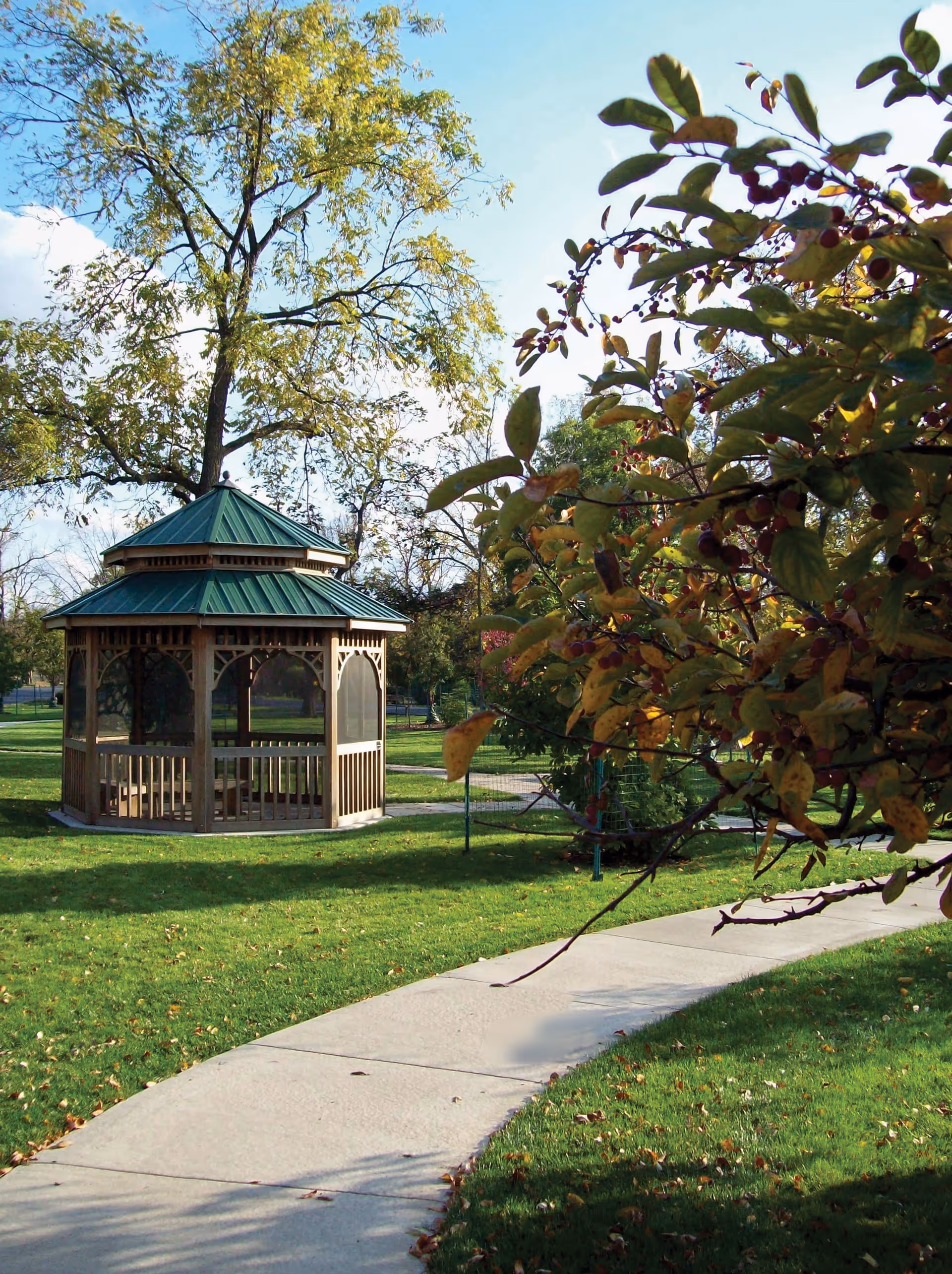 A wooden gazebo with a green roof situated in a grassy park area with a concrete pathway leading towards it. Trees with green and yellow leaves surround the gazebo, and a bush with red berries is visible on the right side of the image under a clear blue sky.