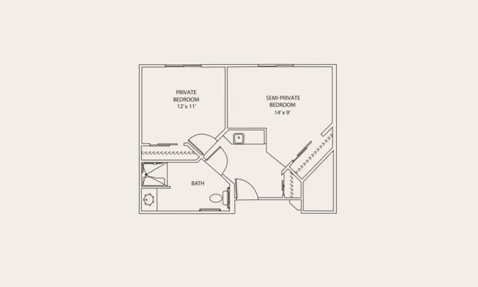 Architectural floor plan showing a layout with a private bedroom measuring 12 by 11 feet, a semi-private bedroom measuring 14 by 9 feet, and a bathroom with a shower, toilet, and sink.