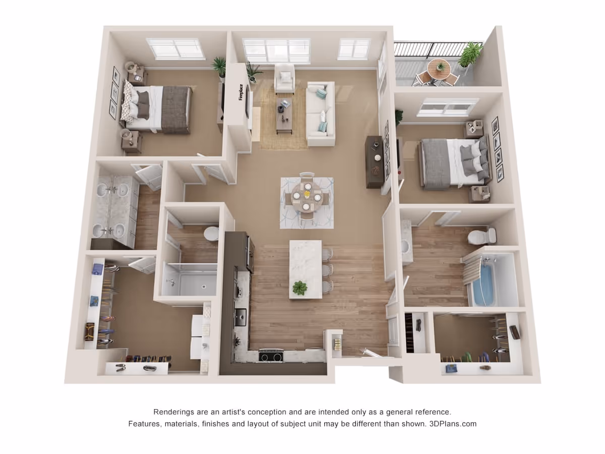 3D rendered two-bedroom apartment floor plan showing a central living area, kitchen island, two bedrooms, two bathrooms and a small balcony.