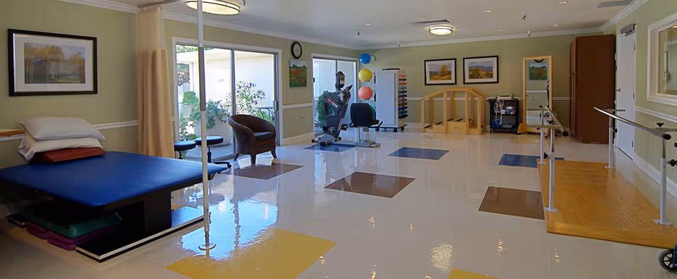 A spacious rehabilitation room with exercise equipment including a stationary bike, therapy table, parallel bars for walking practice, and various exercise balls and weights. The room has large windows letting in natural light, light green walls, and framed artwork on the walls.