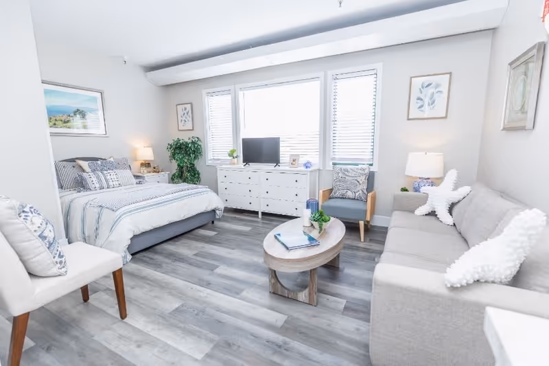 Bright and airy room with a bed on the left side, a white dresser with a TV in front of three large windows, a gray sofa with white starfish-shaped pillows on the right, a wooden coffee table with decorative items in the center, and a chair with a patterned cushion next to the sofa. The room has light gray walls, framed artwork, and wood-look flooring.