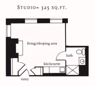 Black-and-white floor plan of a 325 sq.ft. studio showing a living/sleeping area, kitchenette, bath, and entry.