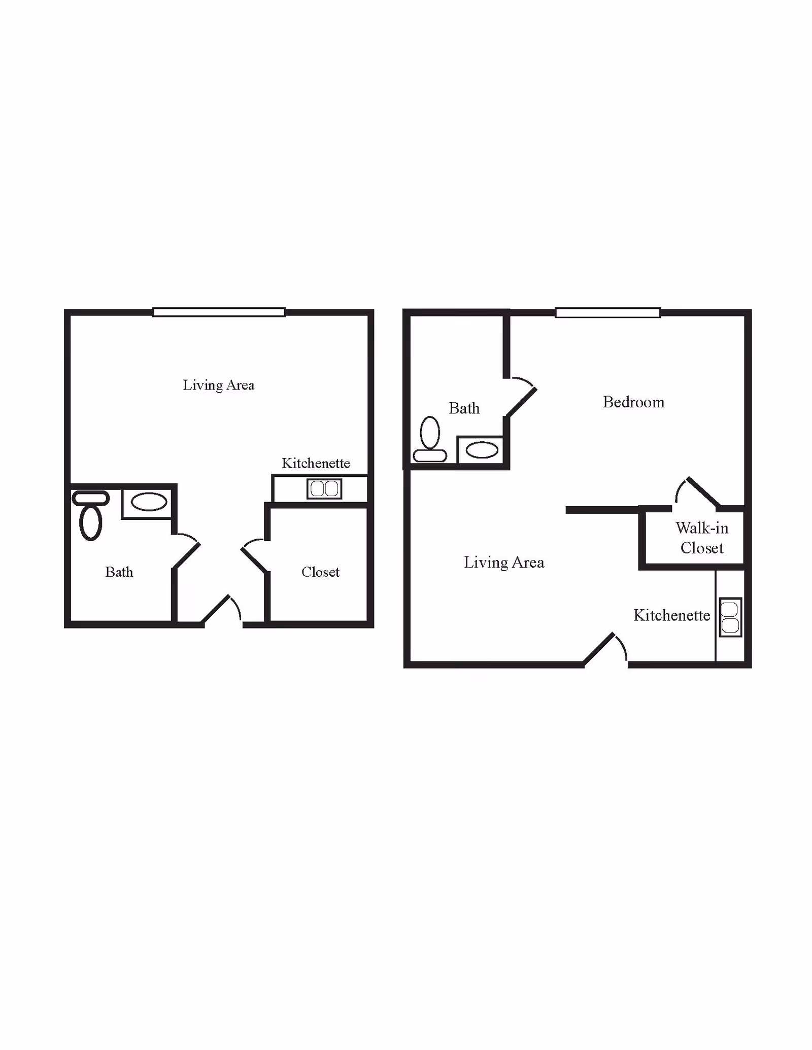 Two black and white architectural floor plans showing layouts with labeled areas including living area, bath, kitchenette, closet, bedroom, and walk-in closet.