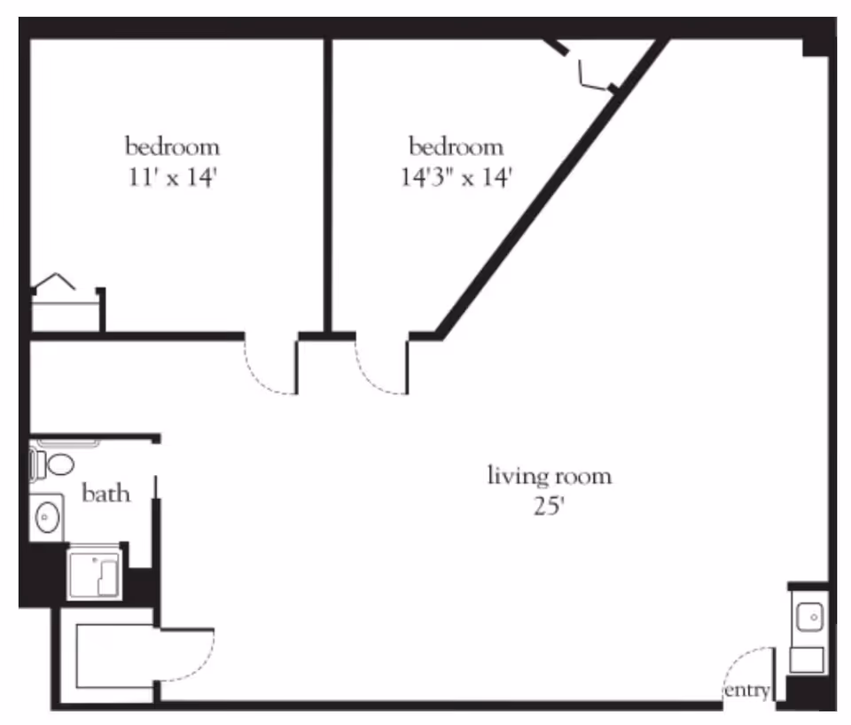 Floor plan showing two bedrooms, one bathroom, a living room, and an entry area. The first bedroom measures 11 feet by 14 feet, the second bedroom measures 14 feet 3 inches by 14 feet, and the living room is 25 feet long.