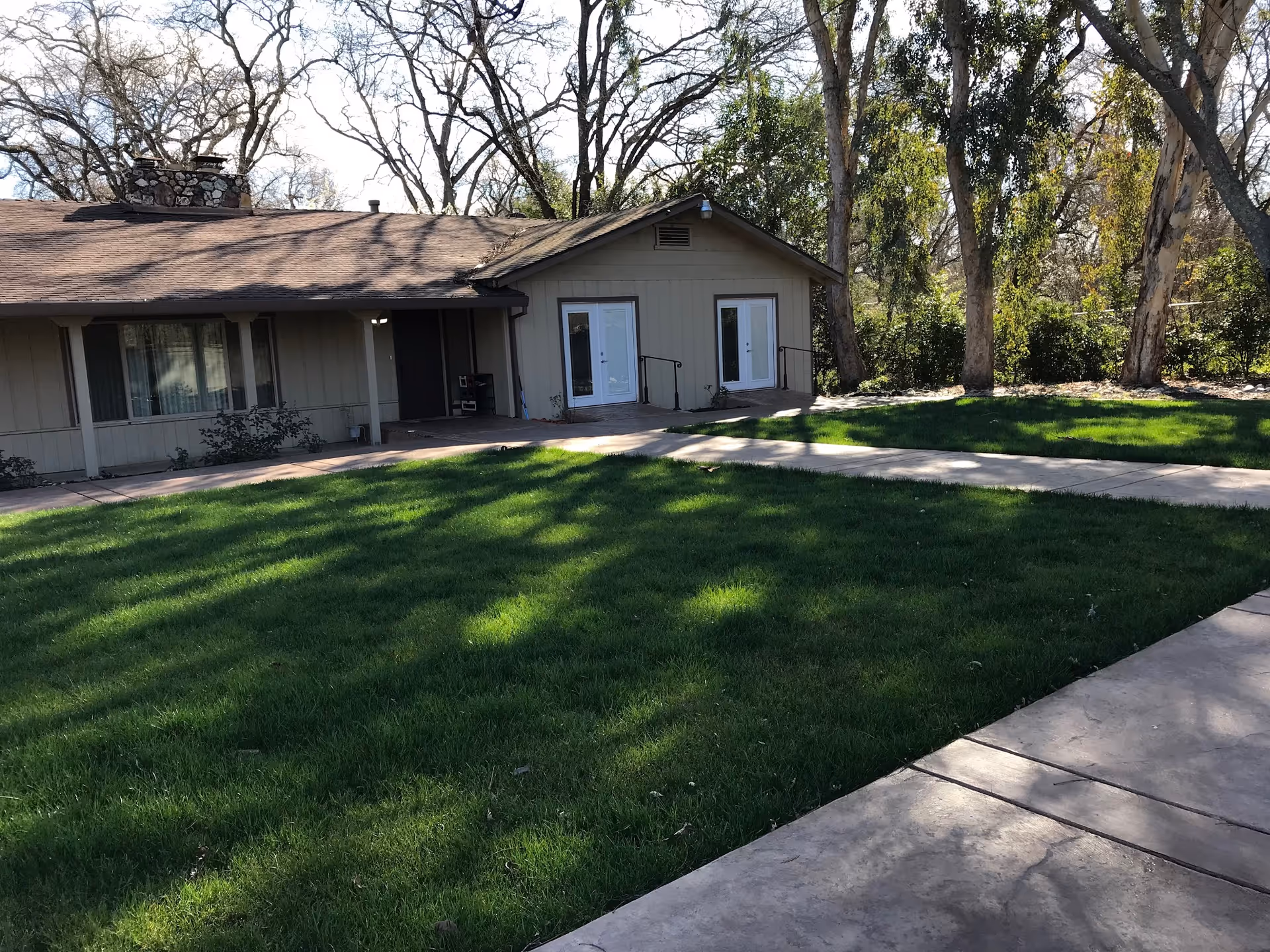 Single-story building with a green lawn, paved walkways, and trees in front.