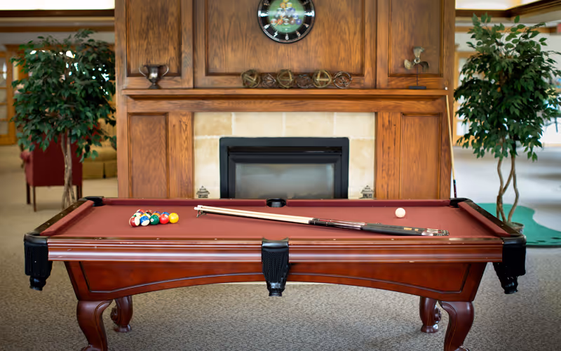 A pool table with a set of billiard balls arranged in a triangle and two pool cues resting on the table. Behind the pool table is a wooden fireplace with decorative items on the mantel and a clock mounted above it. There are two large potted plants on either side of the fireplace, and the room has a carpeted floor.