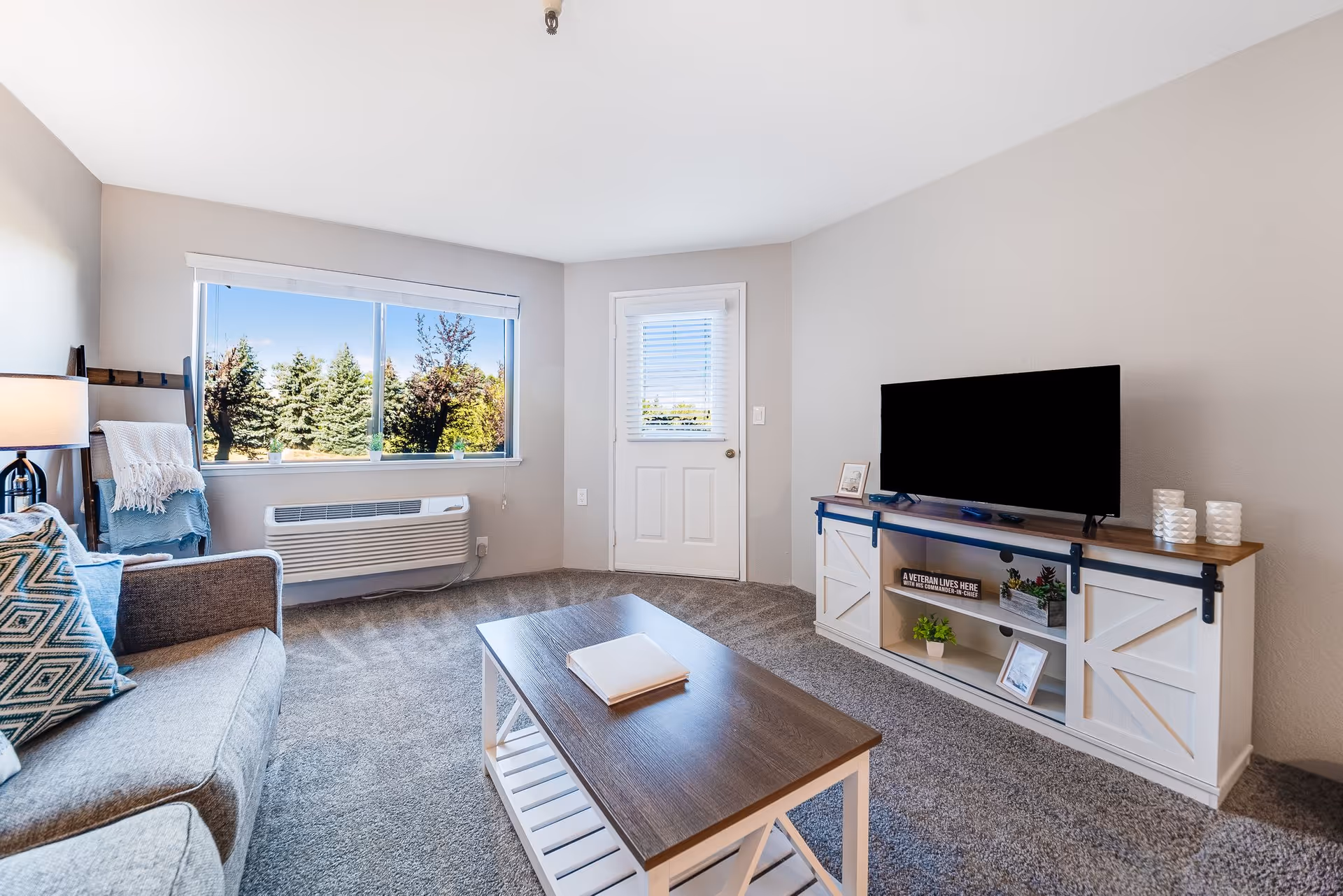A bright living room with a large window showing trees outside, a gray sofa with patterned pillows, a wooden coffee table with a book on it, a white and wood TV stand with a flat-screen TV, decorative items, and a door with a window blind.