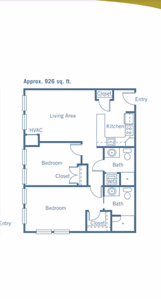 Floor plan of a residential unit approximately 926 square feet, featuring two bedrooms each with a closet, a living area, a kitchen, two bathrooms, an HVAC area, and a washer/dryer space. There are two entry points shown.