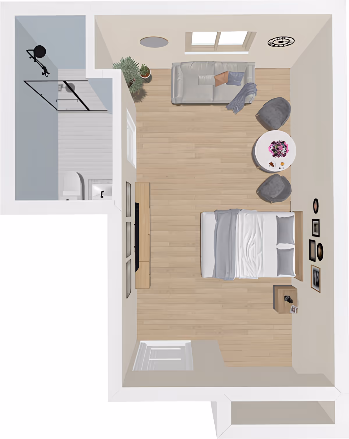 Top-down floor plan rendering of a studio apartment with a bed, TV console, sofa, small dining table, and an adjacent bathroom with shower.