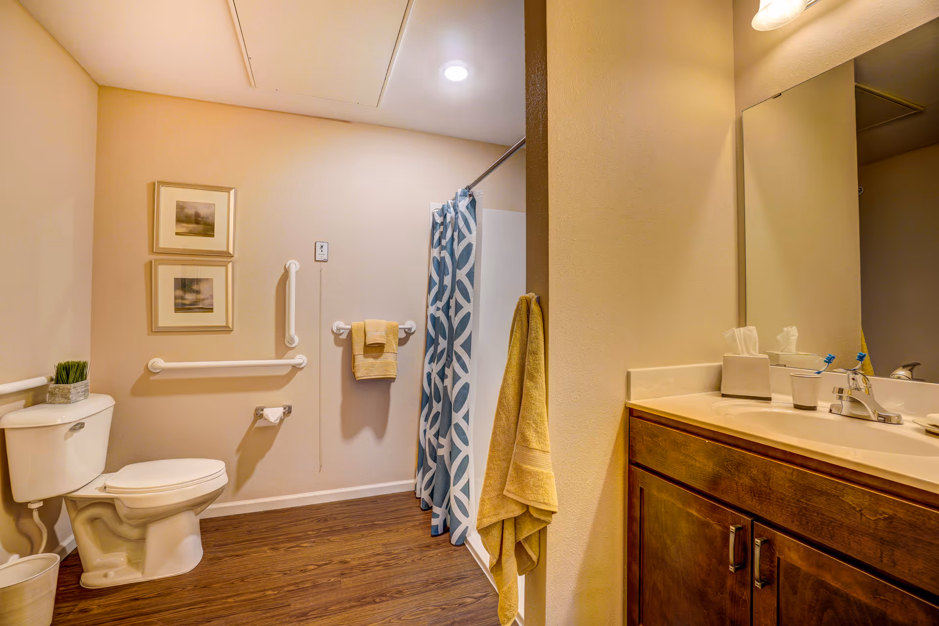 A clean and accessible bathroom with a toilet, grab bars on the walls, a shower with a blue and white patterned curtain, a wooden vanity with a sink, a mirror, and towels hanging on the wall.