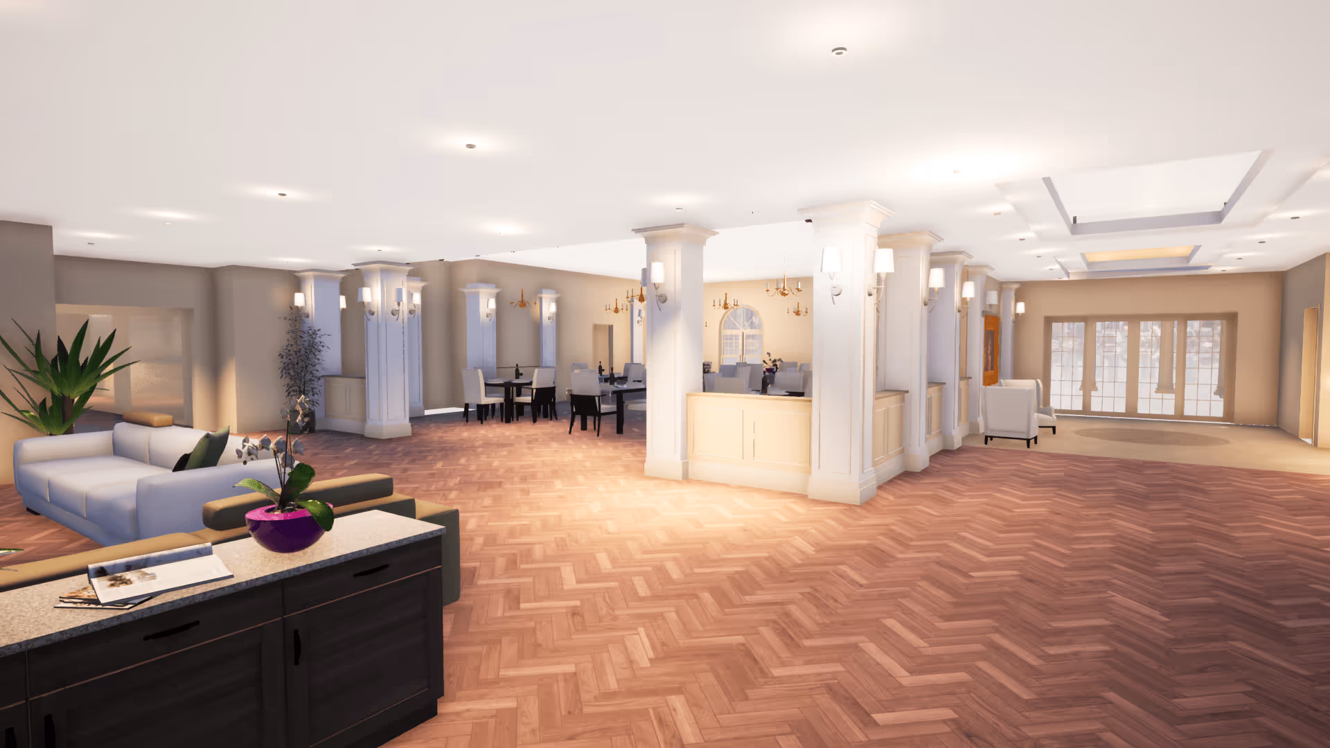 A spacious, well-lit interior common area with wooden herringbone flooring, white pillars with wall sconces, multiple seating areas including sofas and chairs, and dining tables with chairs in the background. Large windows and glass doors allow natural light to enter the space.