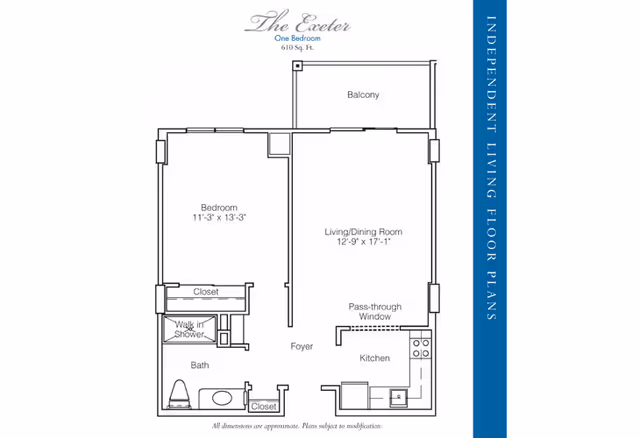 Floor plan of a one-bedroom independent living apartment named The Exeter, with 610 square feet. The layout includes a bedroom measuring 11 feet 3 inches by 13 feet 3 inches with a closet, a bathroom with a walk-in shower, a living/dining room measuring 12 feet 9 inches by 17 feet 1 inch, a kitchen with a pass-through window, a foyer, and a balcony.