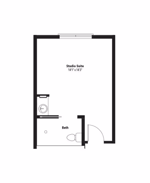 Floor plan of a studio suite at Parc Retirement Community at Traditions, TX, showing a main room labeled Studio Suite measuring 14 feet 1 inch by 14 feet 3 inches, and an adjacent bathroom with a sink and toilet.