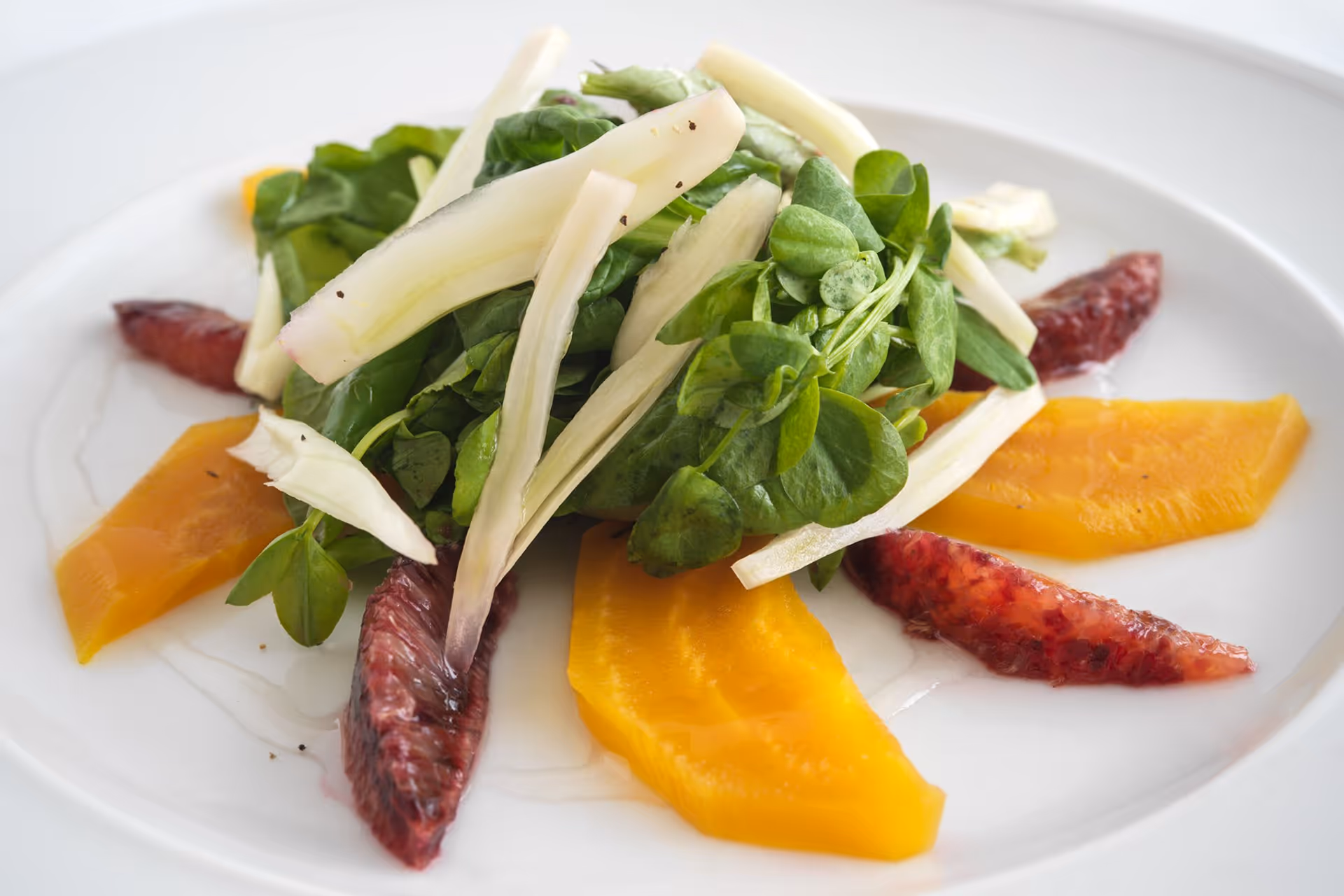 A close-up of a fresh salad on a white plate featuring leafy greens, thin white vegetable strips, yellow beet slices, and segments of blood orange.
