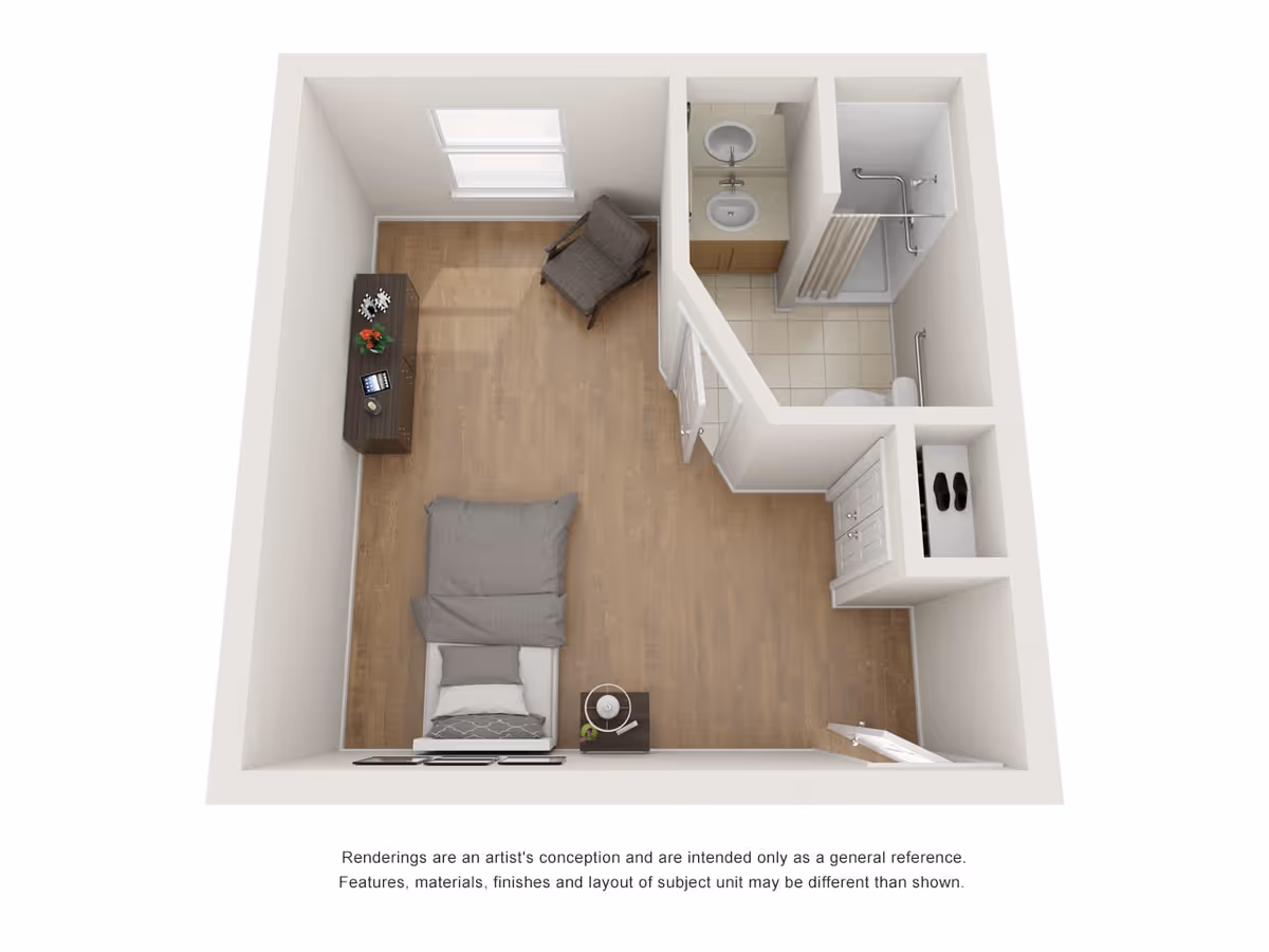3D floor plan of a small senior living unit featuring a bedroom area with a bed, nightstand, armchair, and dresser. The unit includes a bathroom with a shower, toilet, and sink. There is a small closet space near the entrance.