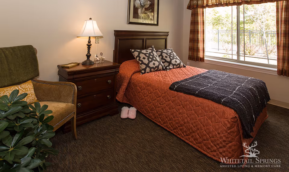 A cozy bedroom with a single bed covered in a rust-colored quilt and two patterned pillows. A dark wooden nightstand with a lamp and decorative items sits next to the bed. There is a comfortable armchair with a green throw and a yellow pillow, a green plant in the corner, and a window with plaid curtains letting in natural light. A framed picture hangs on the wall above the bed.