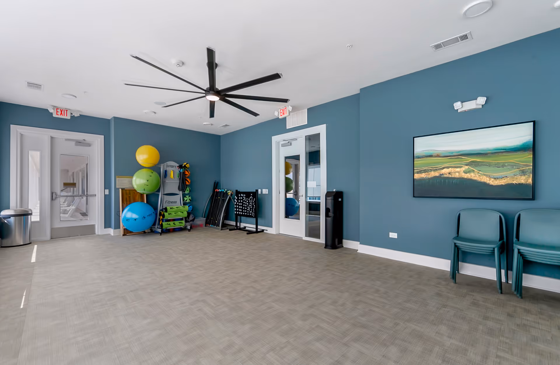 A spacious room with blue walls and a large ceiling fan. The room contains exercise equipment including large colorful exercise balls, resistance bands, and other fitness accessories. There are two green chairs stacked on the right side beneath a landscape painting. Two exit doors are visible, one on the left and one in the center with glass panels.