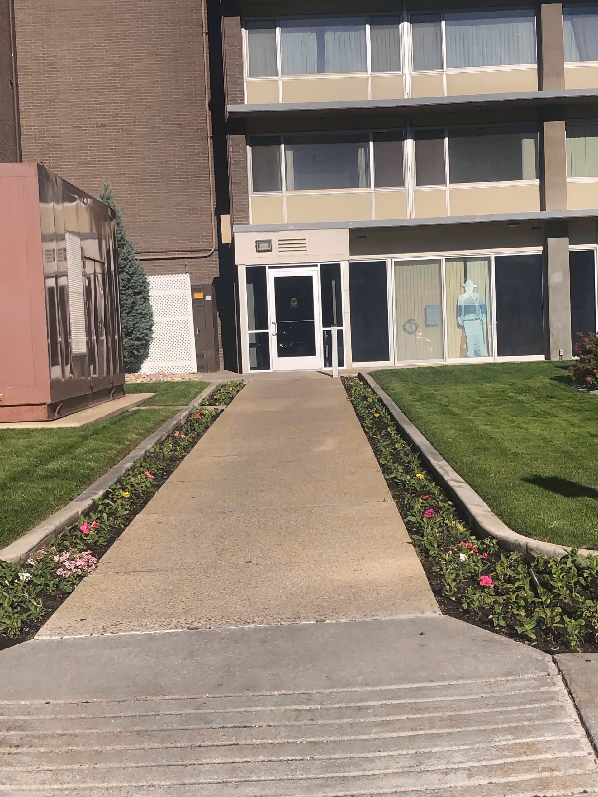 A concrete walkway lined with flower beds on both sides leading to a glass door entrance of a multi-story building with large windows. There is a pink container on the left side and a mannequin visible through the window on the right side.