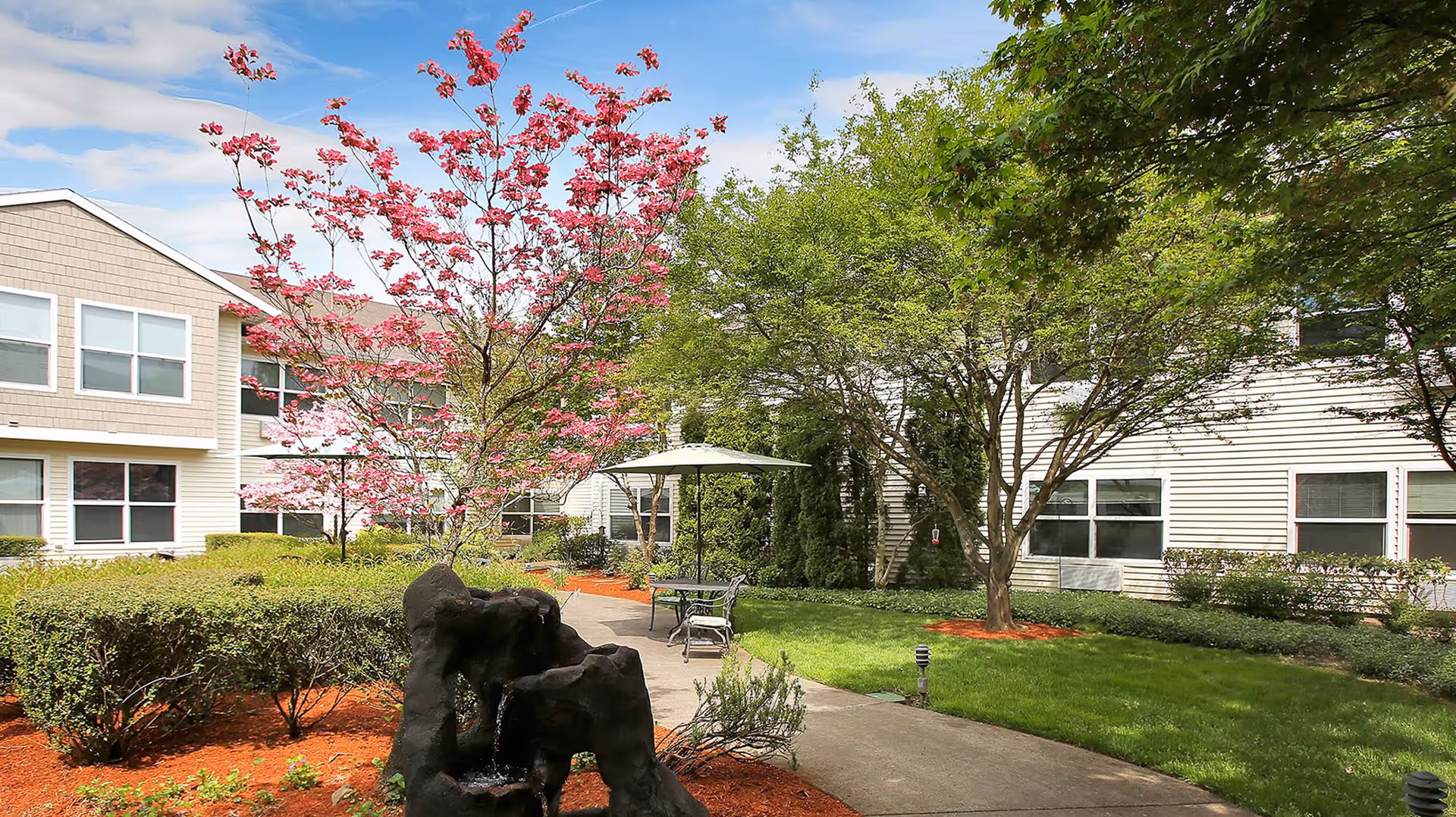 Outdoor garden area at Prestige Senior Living Bridgewood featuring a paved walkway, green grass, blooming pink and white trees, shrubs, a black rock water fountain, and a table with chairs under a large umbrella. The background shows the exterior of the senior living facility buildings with multiple windows.