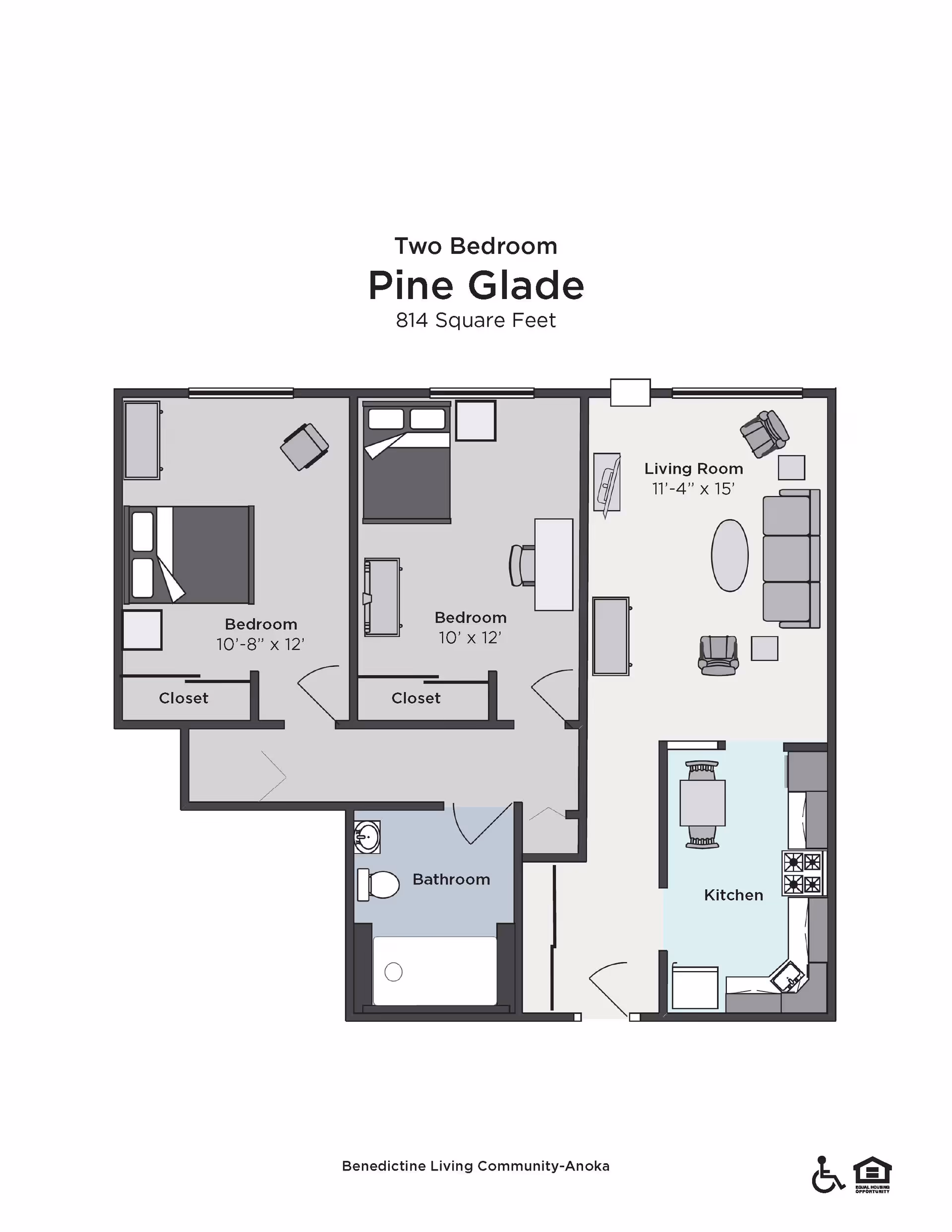 Floor plan of a two-bedroom apartment named Pine Glade with 814 square feet. The layout includes two bedrooms each with a closet, a bathroom, a living room measuring 11 feet 4 inches by 15 feet, and a kitchen with a dining area. The plan is labeled with room names and dimensions.