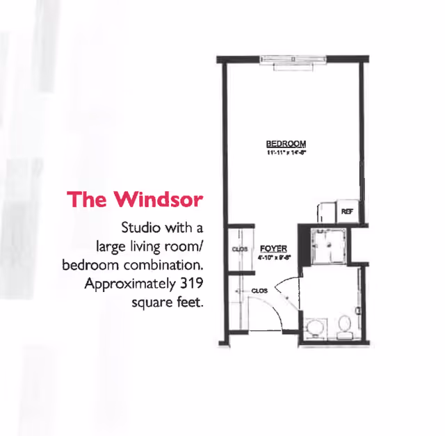 Floor plan of The Windsor studio apartment at Lehigh Commons, showing a large combined living room and bedroom area measuring 11 feet 11 inches by 14 feet 5 inches, a foyer, closet spaces, a bathroom, and a small kitchen area with a refrigerator. The total area is approximately 319 square feet.